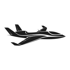 Sleek black silhouette of a modern private jet aircraft flying horizontally against a white background.