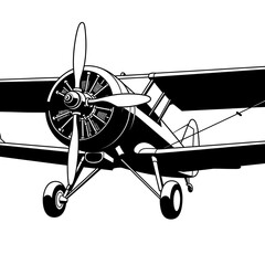 Black and white illustration of a vintage biplane with a prominent propeller and landing gear.