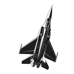Top-down view of a modern military fighter jet in black and white illustration style.