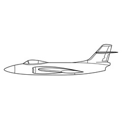Outline drawing of a vintage military jet aircraft, viewed from the side, ready for coloring activities.