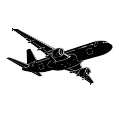 Detailed black silhouette illustration of a large passenger airplane in flight, viewed from below and slightly to the side, against a white background.
