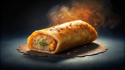 Aromatic steamed rice accompanies a savory Tocilog filling in a delicate Filipinostyle spring roll