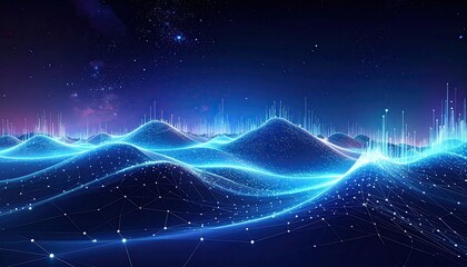 Digital rendering of undulating landscape with data streams and starry night sky