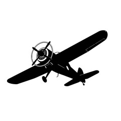 Detailed black silhouette illustration of a classic single-engine propeller aircraft in flight.