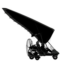 Silhouette of a powered hang glider ultralight aircraft with a pilot, engine, and propeller.