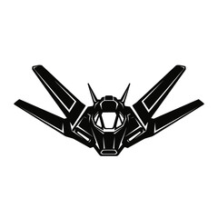 A sleek, futuristic black and white vector illustration of a combat spaceship or fighter jet with sharp wings and a detailed cockpit.