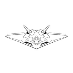 Stylized top-down line art drawing of a futuristic stealth fighter jet.