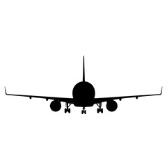 Black silhouette of a passenger airplane viewed from the rear.