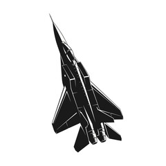 Monochrome vector illustration of a modern military fighter jet flying upwards, depicted in a sleek, dark silhouette against a white background.