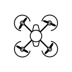 Minimalist black and white line art icon of a quadcopter drone with four propellers.