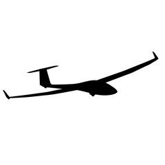 Black silhouette of a glider aircraft soaring through the sky, representing flight and aviation.