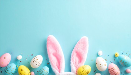 Easter scene with bunny ears, decorated eggs, and soft blue background