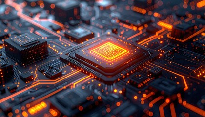 Close-up of a central processing unit, lit up in orange, on a computer motherboard