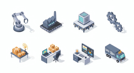 Industrial Technology and Smart Manufacturing Solutions An Isometric Icon Collection for Automation, Logistics, and Digital Business Processes.