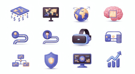 Digital Business & Technology Icons Comprehensive Set of Key Concepts for AI, VR, Blockchain, Cybersecurity, Data Analytics, and Financial Growth