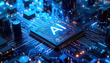 Close-up view of a glowing computer processor chip with "AI" text. Electronic circuit details