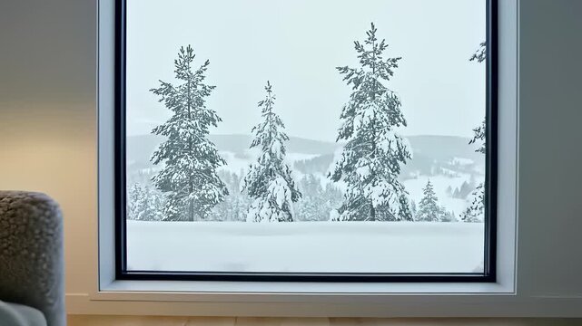 Winter Landscape from Cozy Living Room Window with Majestic Mountain View, Scandinavian Inspired Interior Design Concept Perfect for Stock Media Buyers Seeking Calming Atmosphere Conveying.