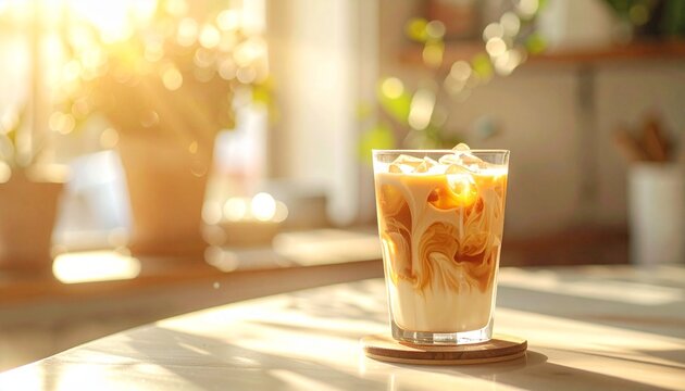 A refreshing iced latte with creamy milk swirls and ice in a clear glass on a wooden table with soft sunlight filtering through - Powered by Adobe