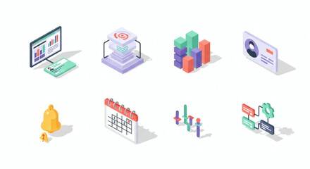 Isometric business and data icons analytics, financial charts, strategic planning, workflow automation, digital solutions, and enterprise technology concepts.
