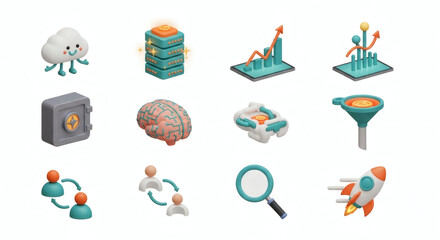 Comprehensive Collection of 3D Isometric Business and Technology Icons for Data Analytics, Cloud Computing, and Digital Growth Strategies
