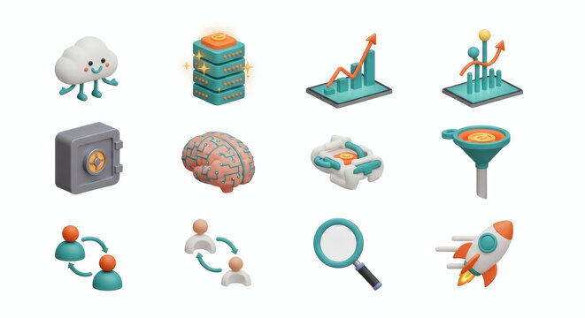 Comprehensive Collection of 3D Isometric Business and Technology Icons for Data Analytics, Cloud Computing, and Digital Growth Strategies