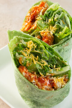 A closeup view of Buffalo chicken wraps.