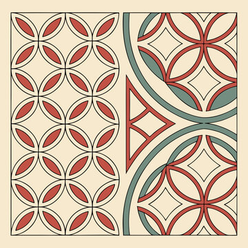Geometric pattern with interlocking circles and diamond shapes in red teal and cream colors