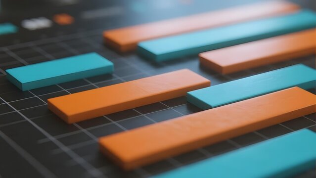 Colorful rectangular bars arranged on a grid background, resembling a data visualization or chart.