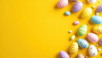 Colorful Easter eggs with decorative patterns on a vibrant yellow background