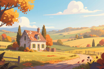 Fototapeta premium Charming stone cottage in autumn landscape with vibrant trees, winding path, and warm sunlight.