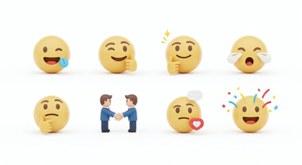 Diverse collection of 3D rendered emojis and miniature figures illustrating various human feelings, social interactions, and digital expressions.