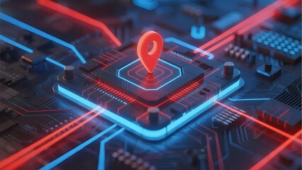Digital circuit board with glowing red location pin and neon pathways