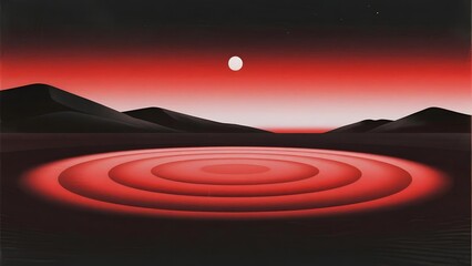 A surreal desert landscape with concentric red rings on the ground under a red sky and a bright celestial body.