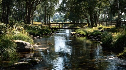 Serene Bridge over Stream: Tranquil waters flow gently beneath a rustic bridge, framed by lush greenery and towering trees, creating a peaceful and picturesque natural scene.