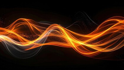 Glowing, orange ribbons of light flow across a black background, creating an abstract design