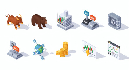 Comprehensive Isometric Finance Concept Collection Featuring Bull and Bear Markets, Digital Trading, and Global Investment Strategies.