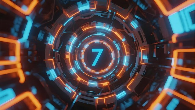 Futuristic circular tunnel with glowing orange and blue lights, featuring a central number seven in a high-tech interface design.