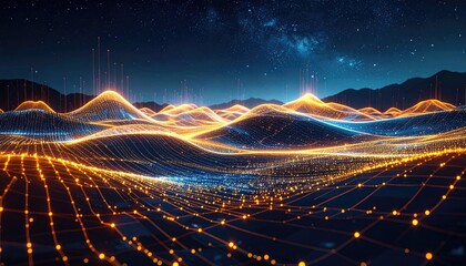 Digital rendering of a luminous landscape under a starry night sky