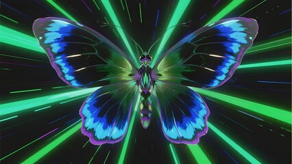 A vibrant butterfly with iridescent blue and purple wings set against a dynamic green laser background