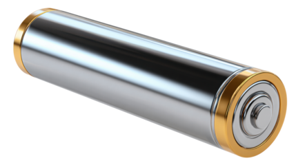 Cylindrical battery appearing as a power source and energy storage solution for electronic equipment. Transparent background