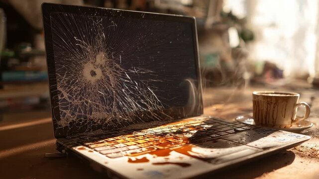 Destroyed laptop computer with shattered screen and spilled coffee smoking on wooden desk after office accident