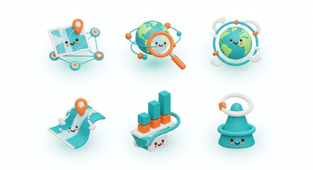 Charming 3D icon set illustrating global business concepts exploration, data analysis, strategy, and navigation. Perfect for digital projects.