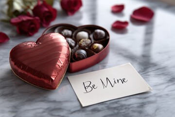 Valentine's Day card with Be mine text on a marble table next to a heart-shaped red box of chocolates