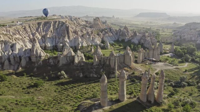 Aerial view of the valley with unique rock formations, Cappadocia, Turkey