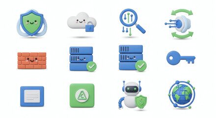 Essential 3D Icon Collection for Digital Security, Cloud Data Protection, and IT Network Management; Visualizing Core Cybersecurity Concepts and Secure IT Infrastructure.