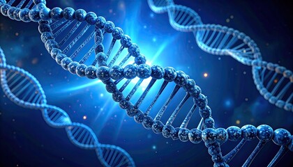 Rendered 3D illustration showcasing a detailed, glowing DNA double helix structure