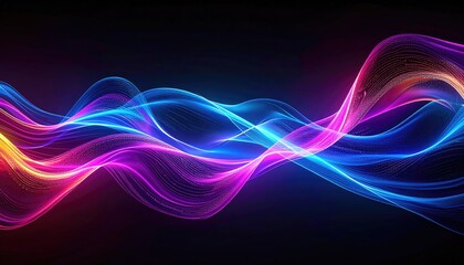 Vivid, flowing lines of light, blending colors on a black background, forming a wave