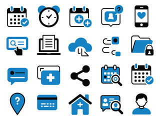 Collection of blue and black healthcare icons representing scheduling and digital communication.