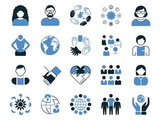 Fototapeta premium Diverse icons representing teamwork, connection, and global collaboration in various shades of blue.