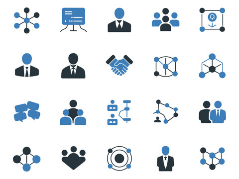 Professional teamwork and networking icons in various styles and colors.